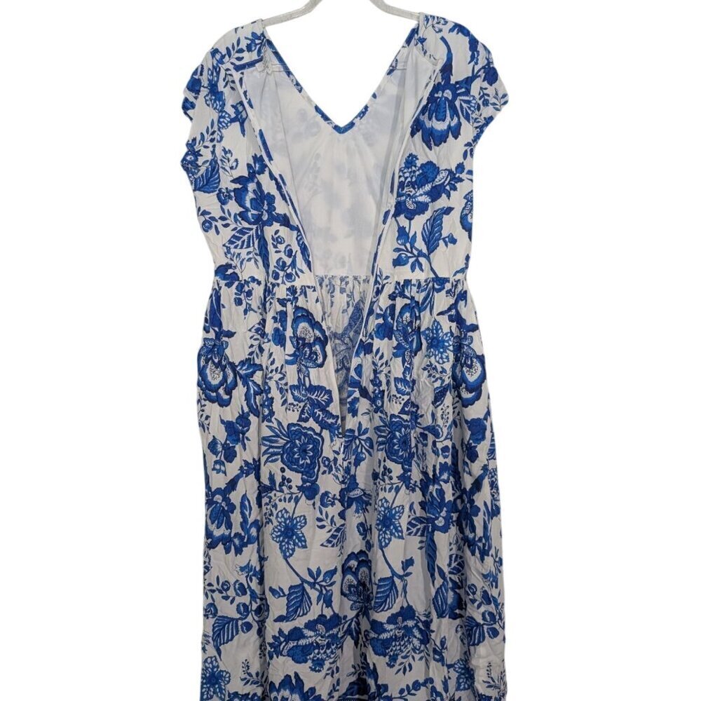 Venus Lascana Floral Midi Dress Womens Size Large White Blue Short Sleeve V Neck - Picture 13 of 15